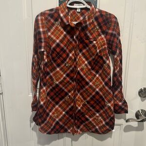 Kim Rogers women's Petite S Orange Plaid Beaded Rhinestone Button Down